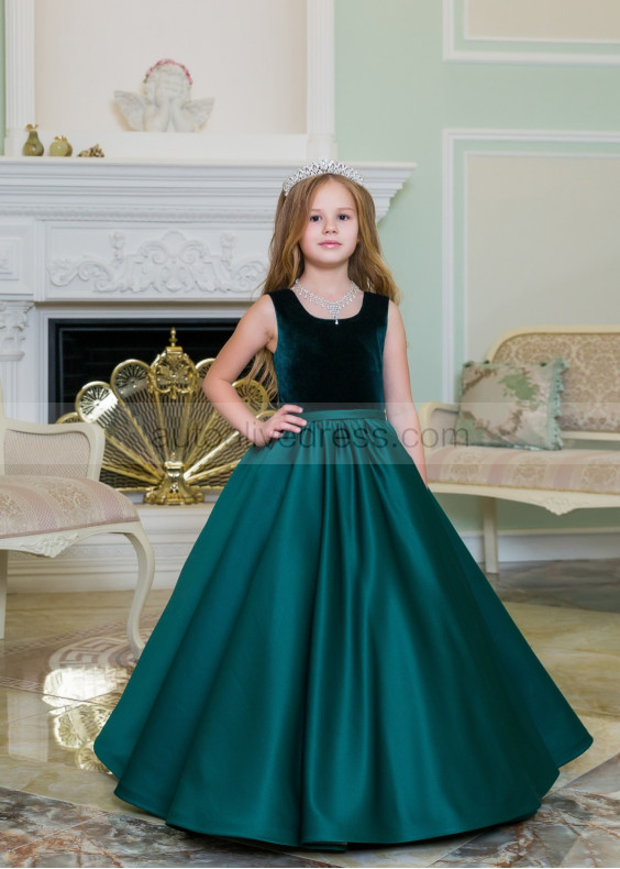 Scoop Neck Green Velvet Satin Elegant Flower Girl Dress